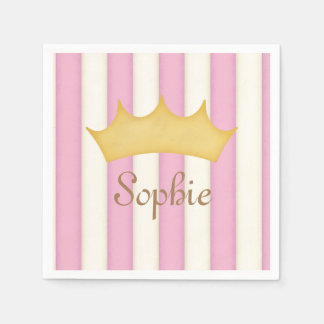 Pink Stripes Personalized Name Princess Crown Napkins