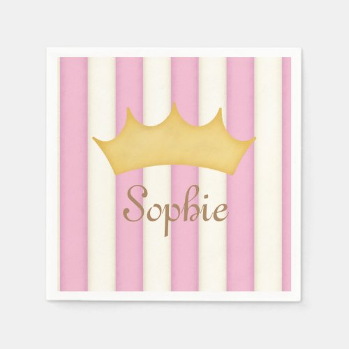Pink Stripes Personalized Name Princess Crown Napkins