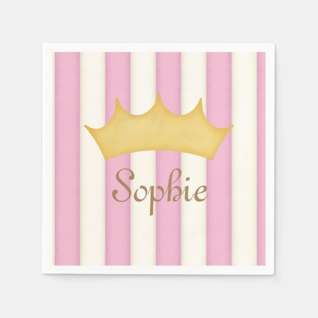 Pink Stripes Personalized Name Princess Crown Napkins (Front)