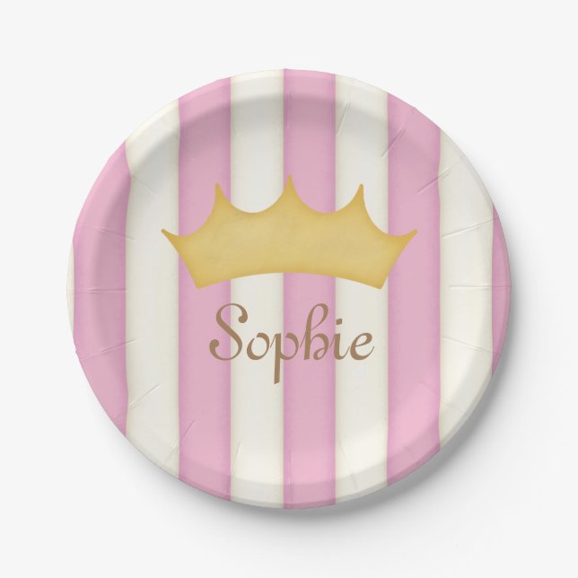 Pink Stripes Personalized Name Princess Crown Pape Paper Plates (Front)