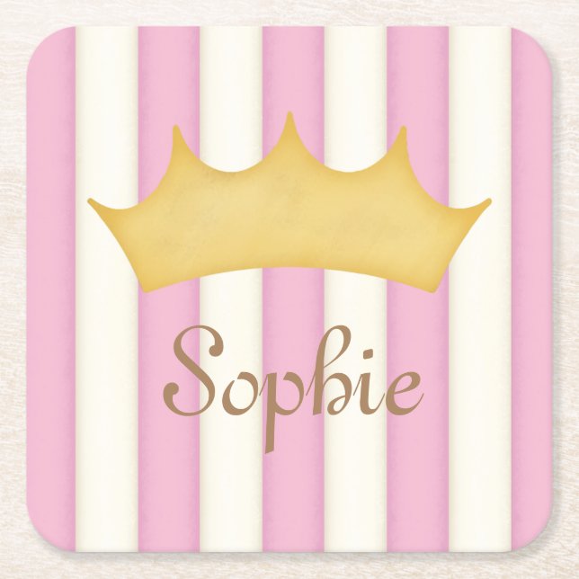 Pink Stripes Personalized Name Princess Crown Square Paper Coaster (Front)