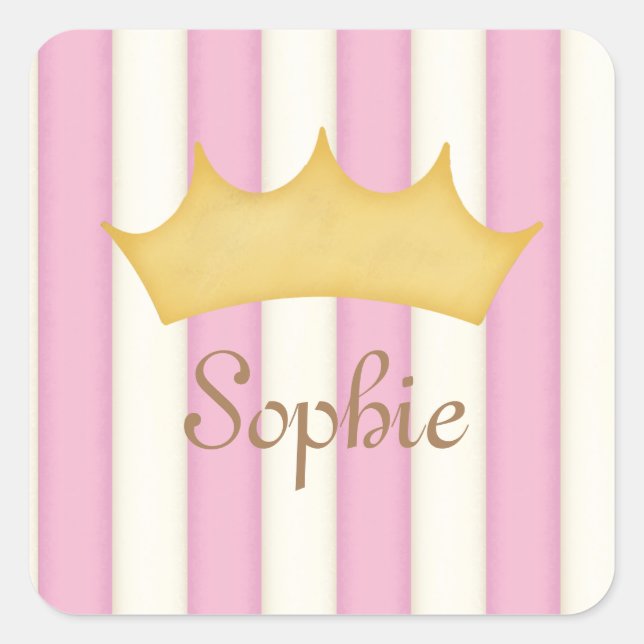 Pink Stripes Personalized Name Princess Crown Square Sticker (Front)