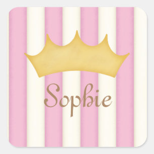 Pink Stripes Personalized Name Princess Crown Square Sticker
