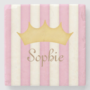 Pink Stripes Personalized Name Princess Crown Stone Coaster