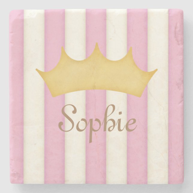 Pink Stripes Personalized Name Princess Crown Stone Coaster (Front)