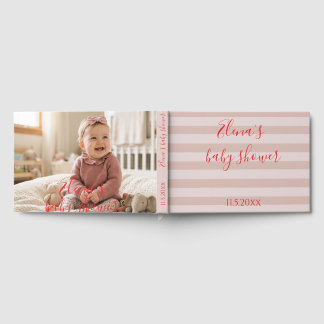 Pink Stripes Photo Baby Shower Foil Guest Book
