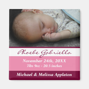 Pink Stripes Photo Birth Announcement Magnet