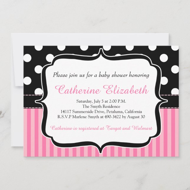 Pink Stripes, Polka Dots, Baby Shower Invitation (Front)