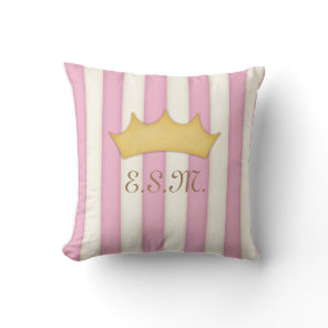Pink Stripes Princess Monogram Crowned Head Throw Pillow
