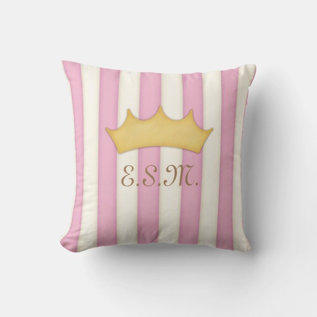Pink Stripes Princess Monogram Crowned Head Throw Pillow (Front)