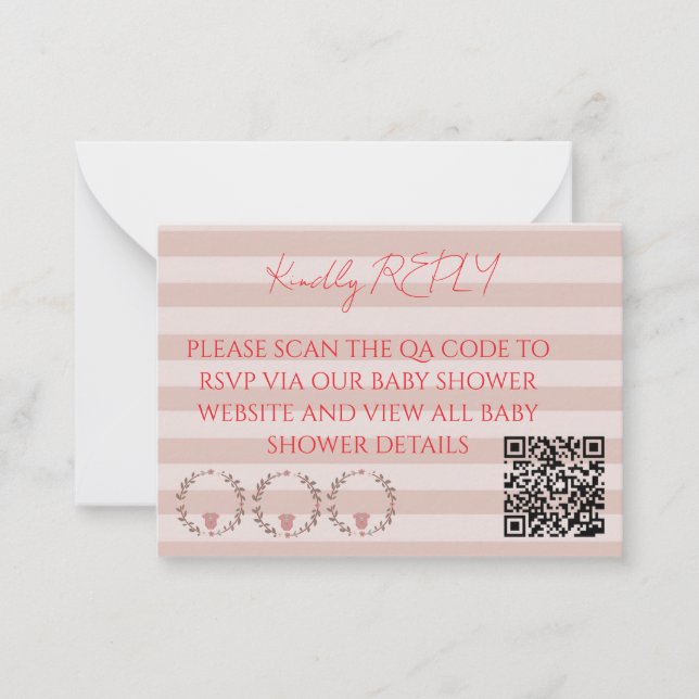 Pink Stripes QR Code RSVP Note Card (Front)