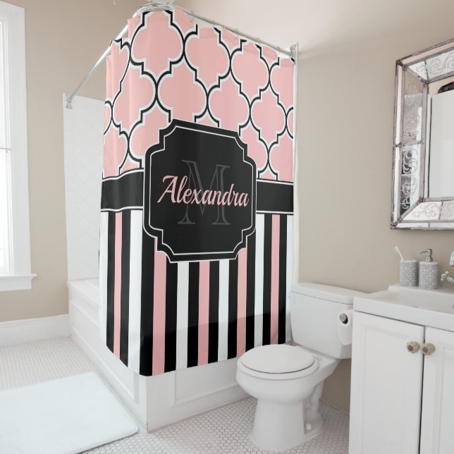 Pink Stripes & Quatrefoil Shower Curtain (In Situ)