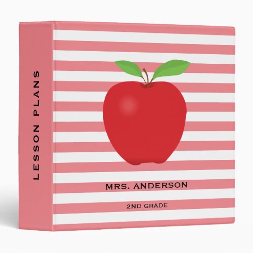 Pink Stripes Red Apple Personalized Teacher 3 Ring Binder - This teacher binder features a modern pink and white horizontal stripe pattern with a digital illustration of a red apple.