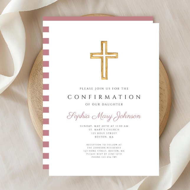 Pink Stripes Religious Cross Girl Confirmation Invitation (Pink Stripes Religious Cross Girl Confirmation Invitation)