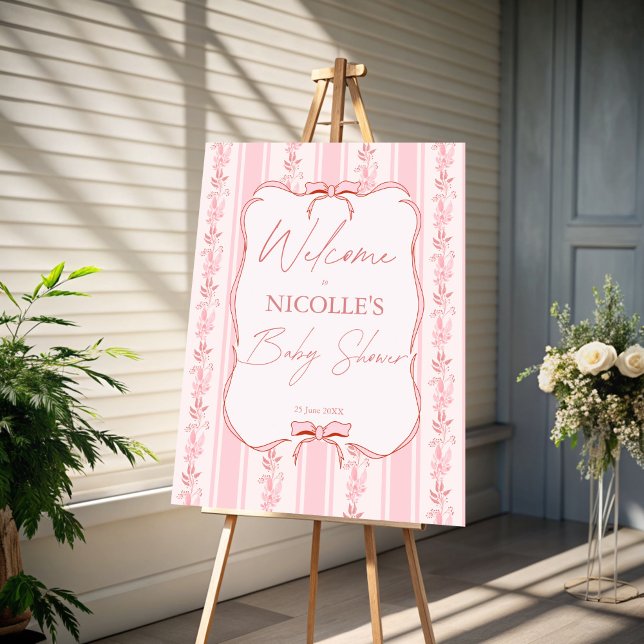 Pink stripes retro bow baby shower welcome sign (Pink stripes coquette bow retro baby shower personalized welcome sign board)