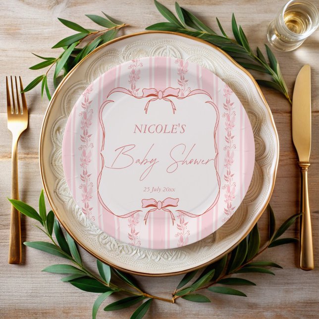 Pink stripes retro bow border elegant baby shower paper plates (Pink stripes retro bow wavy border elegant baby shower monogrammed paper plates personalized decor)