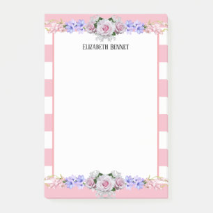 Pink Stripes Rose Personalized Floral Post-It Note