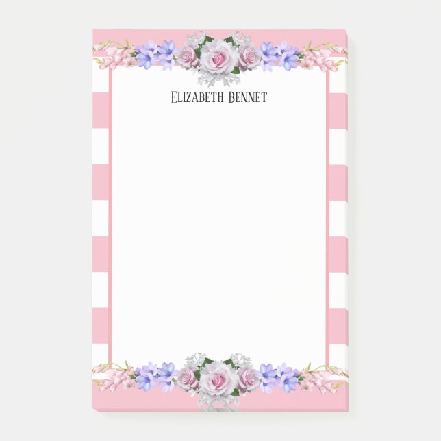 Pink Stripes Rose Personalized Floral Post-It Note (Front)