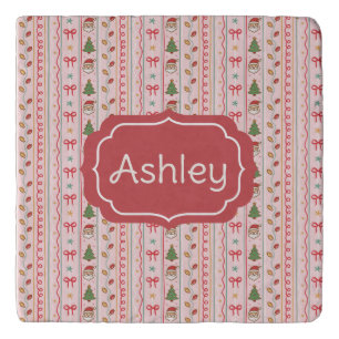 Pink Stripes Santa Christmas Bows Trees and Lights Trivet