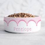Pink Stripes Scalloped Edge Customizable Pet Bowl<br><div class="desc">This pretty customizable pet bowl features classic pink stripes,  a trendy scalloped edge border,  plus a customizable name. This design is sweet and feminine,  and it will make a great gift for friends,  family,  new pet owners,  or any pet enthusiast.</div>