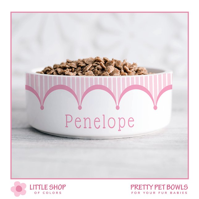 Pink Stripes Scalloped Edge Customizable Pet Bowl (Creator Uploaded)