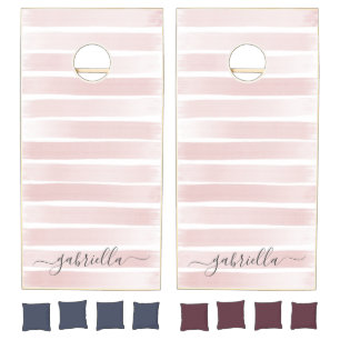Pink Stripes Script Personalized Name Cornhole Set