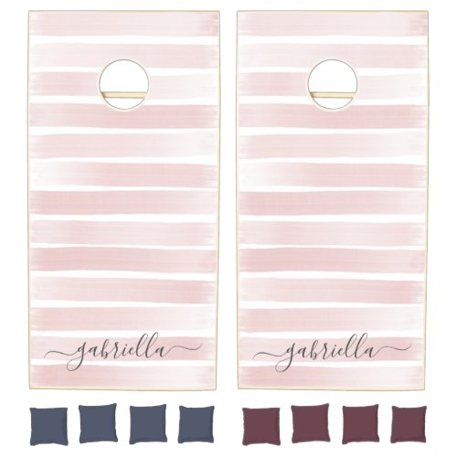 Pink Stripes Script Personalized Name Cornhole Set