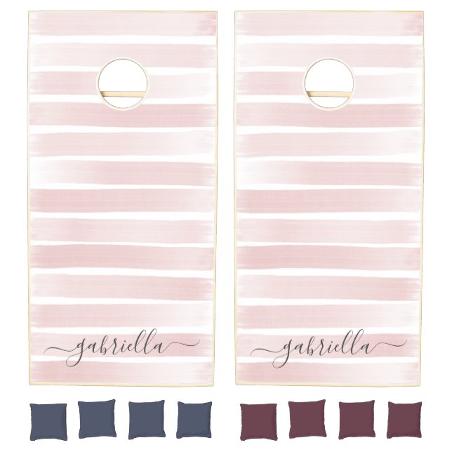 Pink Stripes Script Personalized Name Cornhole Set (Set)