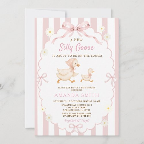 Pink Stripes Silly Goose Daisy Floral Baby Shower Invitation