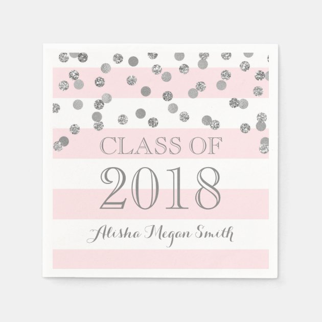 Pink Stripes Silver Confetti  2018 Graduation Paper Napkin