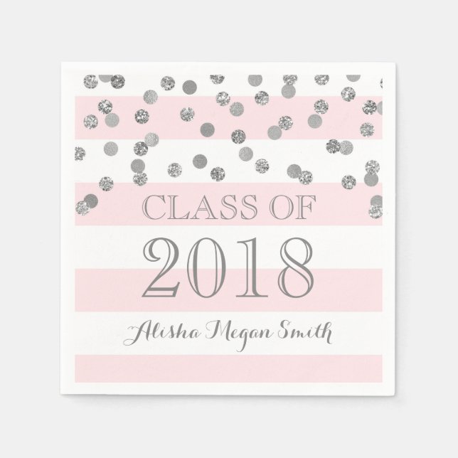 Pink Stripes Silver Confetti  2018 Graduation Paper Napkins (Front)