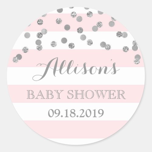 Pink Stripes Silver Confetti Baby Shower Favor Classic Round Sticker