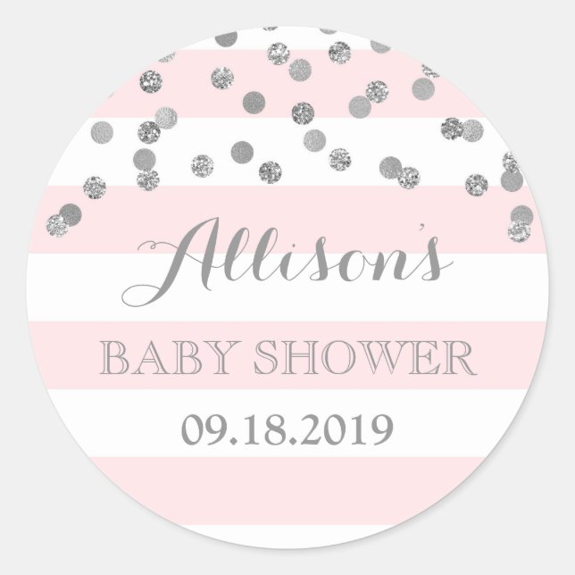 Pink Stripes Silver Confetti Baby Shower Favor Classic Round Sticker (Front)