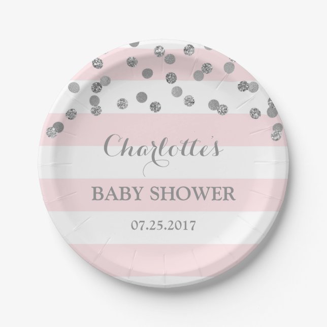 Pink Stripes Silver Confetti Baby Shower Plate (Front)
