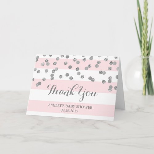 Pink Stripes Silver Confetti Baby Shower Thanks Thank You Card