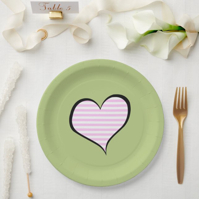 Pink Stripes, Striped Pattern, Lines, Heart Paper Plates (Wedding)