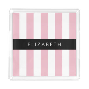 Pink Stripes, Striped Pattern, Lines, Your Name Acrylic Tray