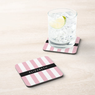 Pink Stripes, Striped Pattern, Lines, Your Name Beverage Coaster