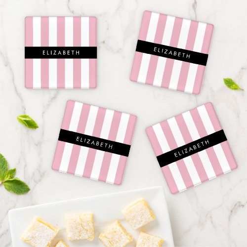 Pink Stripes Striped Pattern Lines Your Name Coaster Set