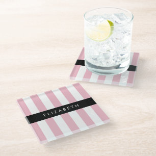 Pink Stripes, Striped Pattern, Lines, Your Name Glass Coaster