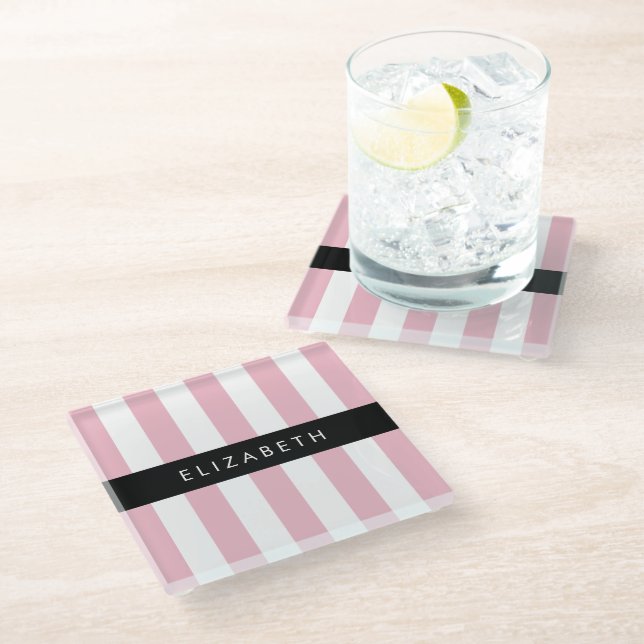 Pink Stripes, Striped Pattern, Lines, Your Name Glass Coaster (Angled)