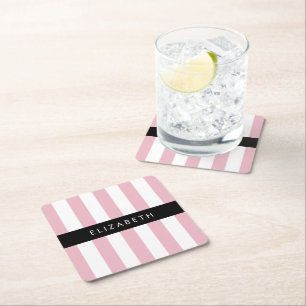 Pink Stripes, Striped Pattern, Lines, Your Name Square Paper Coaster