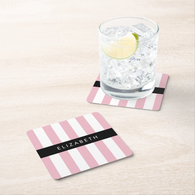 Pink Stripes, Striped Pattern, Lines, Your Name Square Paper Coaster (Insitu)