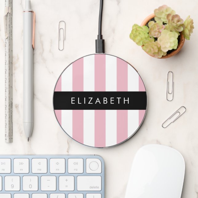 Pink Stripes, Striped Pattern, Lines, Your Name Wireless Charger (Desk)