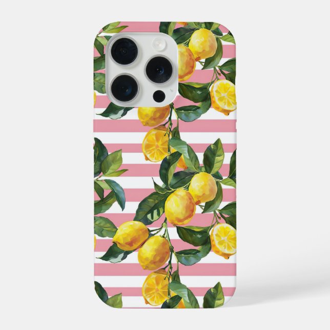Pink Stripes Summer Lemon Pattern iPhone Case (Back)