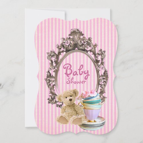 pink stripes teddy bear baby shower invitations