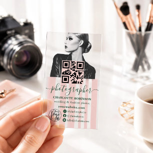 Pink Stripes Transparent Photographer QR Branding Clear Business Cards