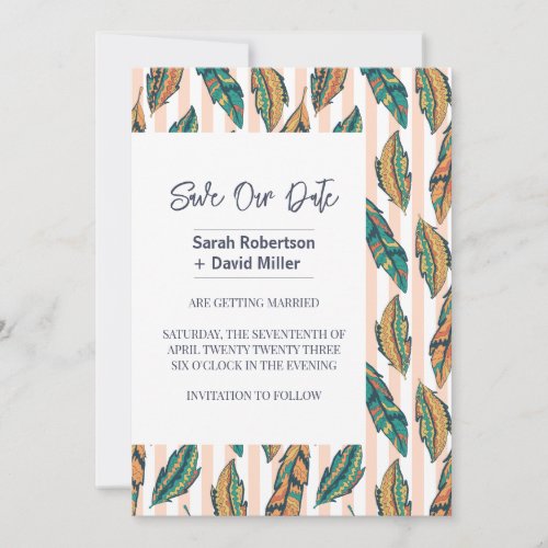 Pink Stripes Tribal Feathers Save the Date Invitation