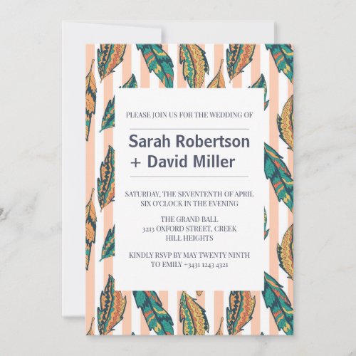 Pink Stripes Tribal Feathers Wedding  Invitation