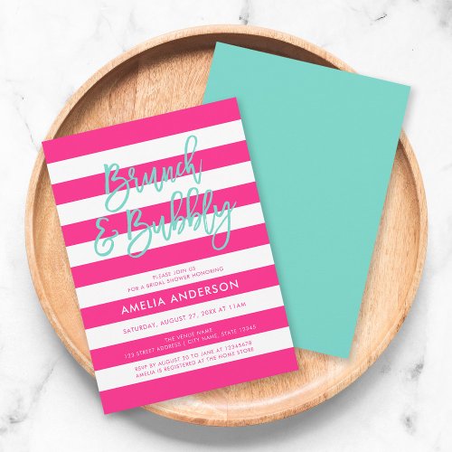 Pink Stripes Turquoise Brunch Bubbly Bridal Shower Invitation